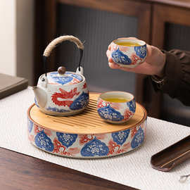 复古国风精致款花纹陶瓷包边茶盘竹面储水干泡台功夫茶小茶盘