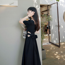 2024年新款赫本风复古黑色连衣裙子女夏设计感小众法式高级感长裙