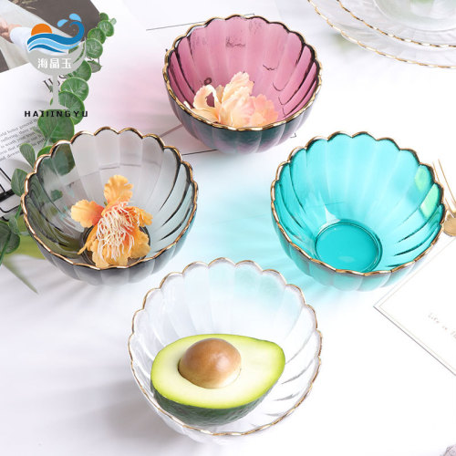 Sea crystal jade Nordic style transparent lace glass bowl gold rim colorful fruit dessert salad bowls and plates tableware set