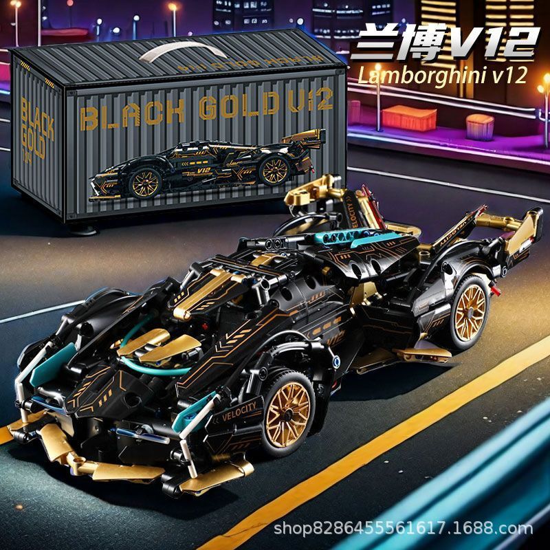 Cross-Border Black Gold V12 Lamborghini 1:14 Assembly Building Blocks Mechanical Set Remote Control Car Children's Educational Toy Gift Wholesale
