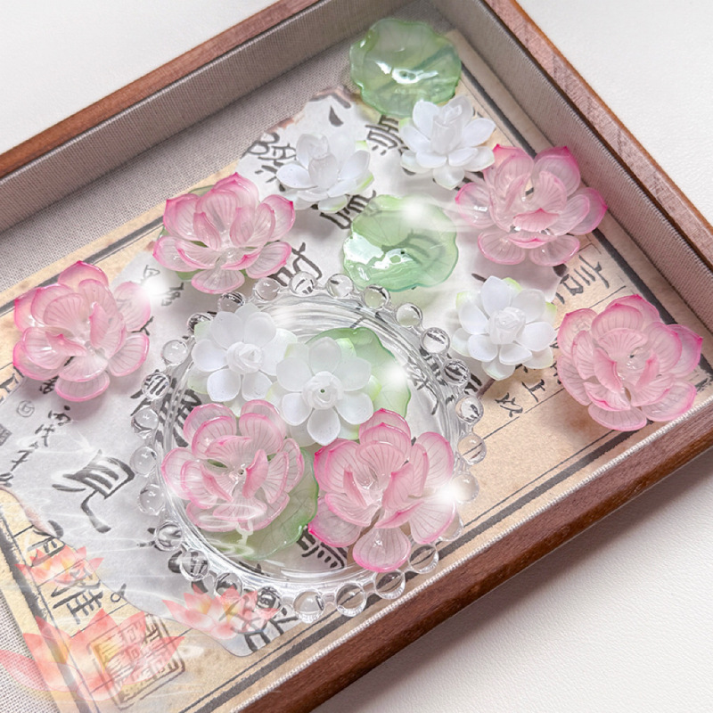 夏日荷花古风新中式莲花荷叶仿真水滴立体热缩片diy手工挂件|undefined