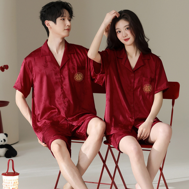 Summer Couple's New Wedding Red Pajamas for Women, Comfortable Ice Silk Men's Lapel Cardigan, Short-Sleeved Shorts, Home Wear Summer Couple's New Wedding Red Pajamas for Women, Comfortable Ice Silk Men's Lapel Cardigan, Short-Sleeved Shorts, Home Wear