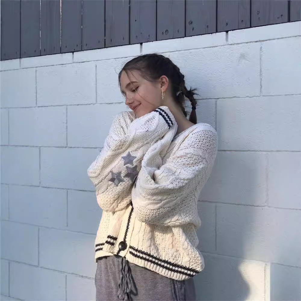 Europa y los Estados Unidos perezosos viento de punto Cardigan mujeres 2024 otoño invierno nuevos productos sueltos bordados estrellas de punto suéter chaqueta mujer image 3
