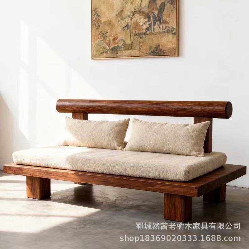 New Chinese Style Old Elm Sofa Living Room Small Apartment Decoration Straight Sofa Solid Wood Sofa Chair with Backrest Luohan Bed