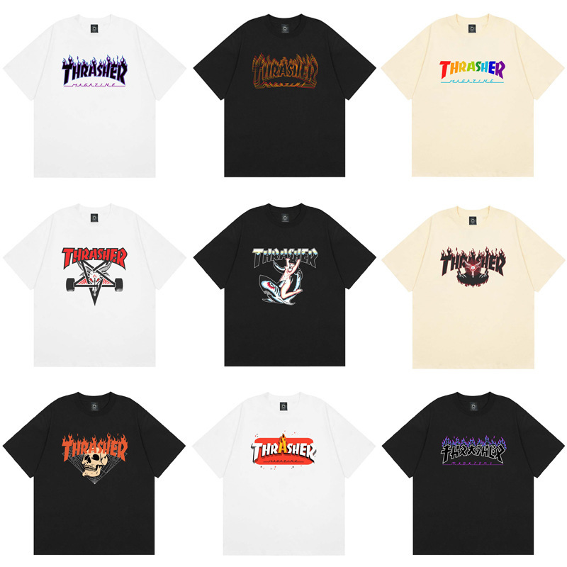 Cross-Border Foreign Trade European and American Trendy Brand Thrasher Short-Sleeve Flame T-Shirt for Men and Women, Students, Couples, Loose Fit, Versatile Top Cross-Border Foreign Trade European and American Trendy Brand Thrasher Short-Sleeve Flame T-Shirt for Men and Women, Students, Couples, Loose Fit, Versatile Top