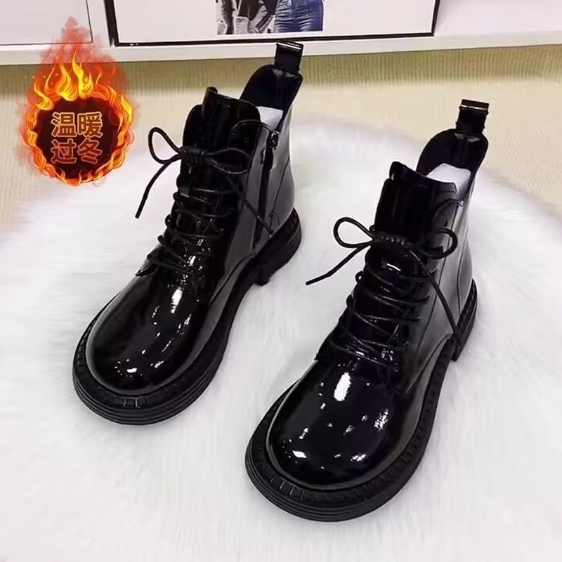 2025 New Patent Leather Fashion Flat Boots Women's Short Boots Autumn and Winter Fleece-Lined Cotton Boots Bright Leather Mango Toe Boots Women