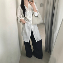 秋上新【single well】意法清冷打条连衣裙v领压褶纯色甜美气质