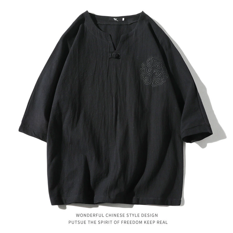 Трансграничный новый летний тонкий китайский стиль льняная футболка с пряжкой