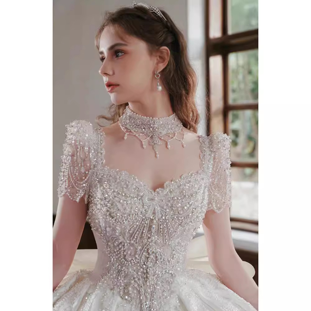 Vestido de novia principal de satén francés, modelo nuevo 2025 para novias pequeñas, artesanía de alta calidad, alta gama, talla grande, cola larga D106