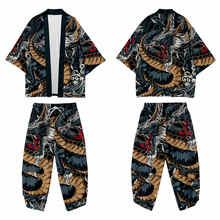 中国风浮世绘龙腾图复古开衫和服道袍外套羽织披风3D数码印花套装