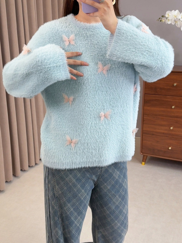 子元2025秋季新款大码女装休闲时尚胖妹妹立体蝴蝶装饰毛衣F557|undefined