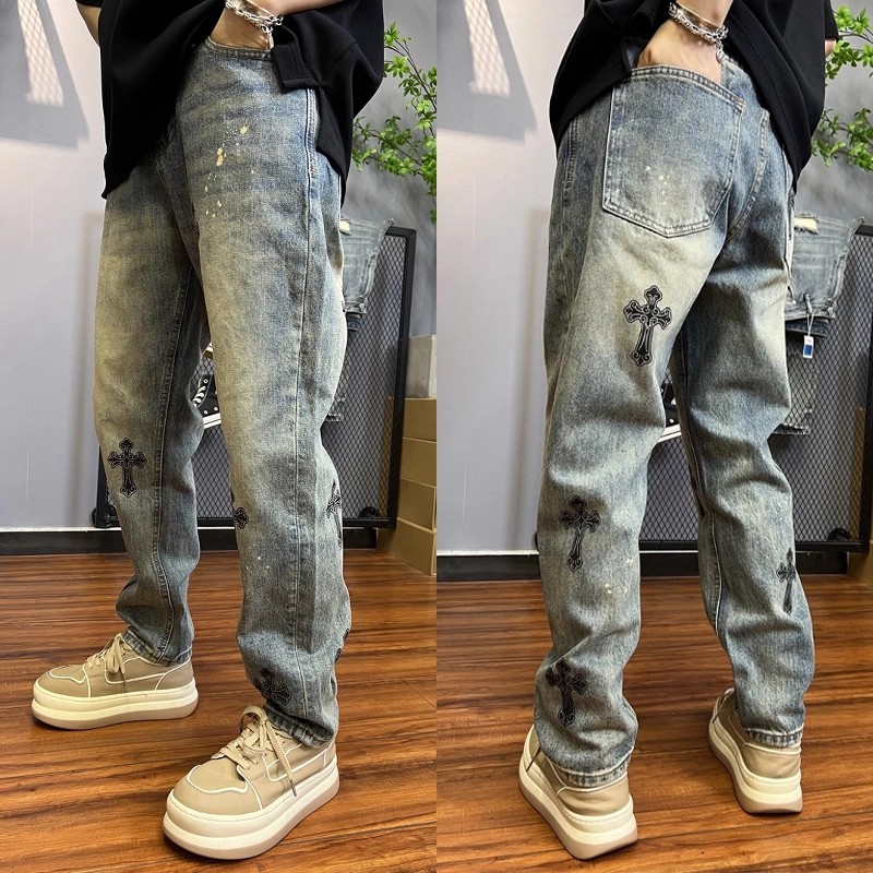 High-End Trendy Slim-Fit Men's Cropped Jeans New Summer Tapered Casual Stylish Printed Long Pants