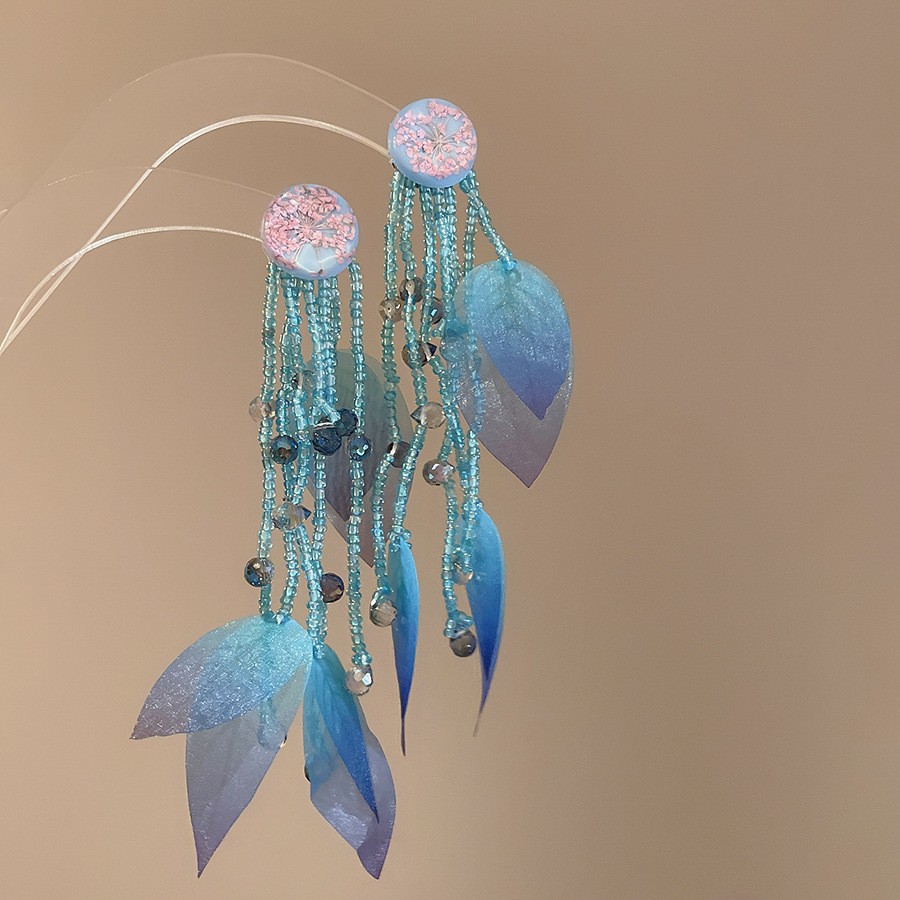 Pendientes de borla de flores de gasa de aguja de plata Pendientes de dopamina de bosque dulce Pendientes de todo fósforo de tendencia de nicho Mujeres al por mayor