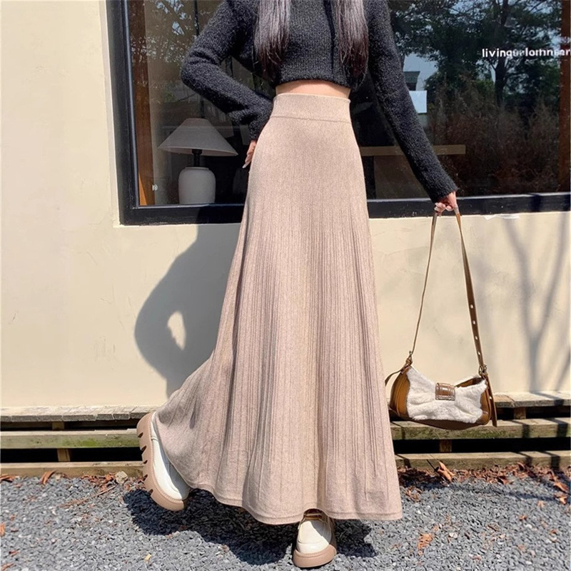 秋冬の女性向けデザインニットプリーツスカート、ヒップカバー、着痩せ、ドレープウールアンブレラスカート、Aラインロングスカート|undefined