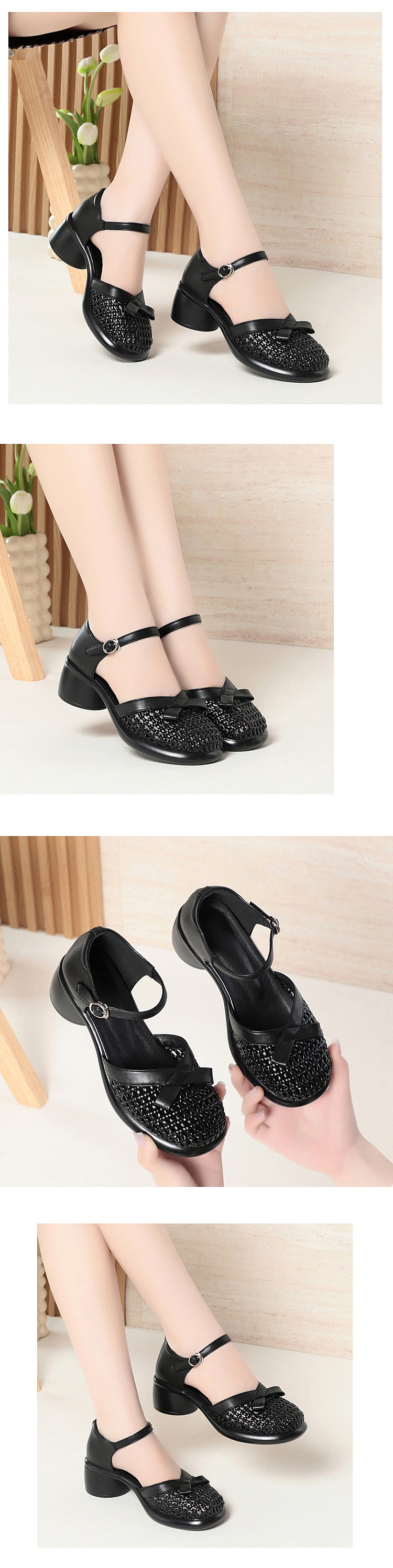 Sandal hở mũi nữ quai ngang da thật đế dày — màu be chi tiết 4