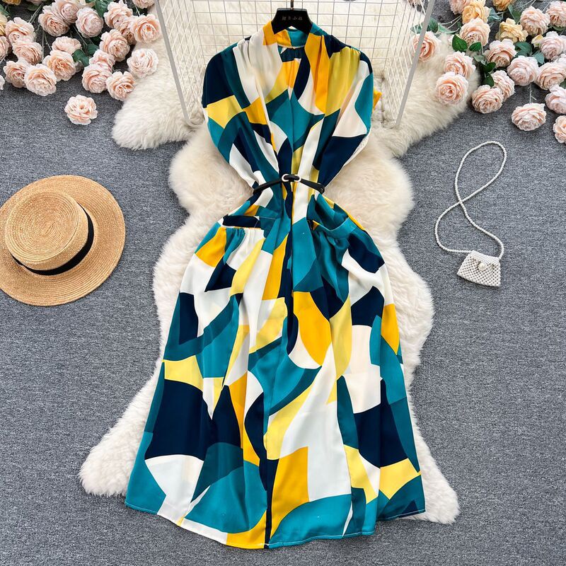 Light 1 Vintage Collar Printed Dress Women's Spring and Autumn French Style Lace-up Waist Loose Slimming Mid-length Shirt Dress