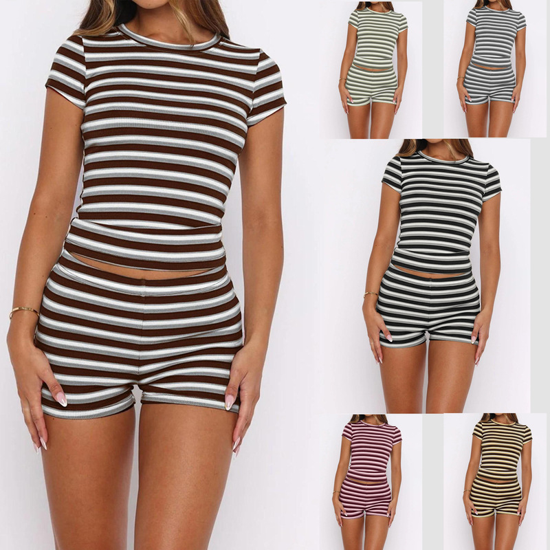 European and American Cross-Border Summer New Casual Sports T-Shirt Women's Short-Sleeved Striped Shorts Slim-Fit Running Fitness Clothing Set