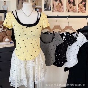 Hot Girl Fake Two-Piece Bow Printed Short-Sleeved T-Shirt Women's Summer New Pure Desire U-Neck Slimming Look Top