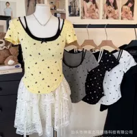 Горячая девушка, поддельная футболка из двух частей с бантом и короткими рукавами, женская летняя новая футболка с U-образным вырезом для похудения, топ для похудения