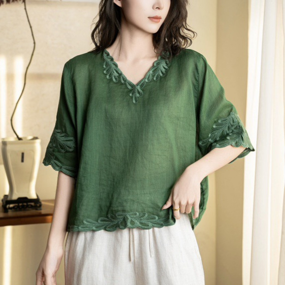 2026 Summer New Style Ramie T-Shirt for Women, Artistic V-Neck, Solid Color, Loose Fit, Versatile, Mid-Sleeve Pullover Blouse