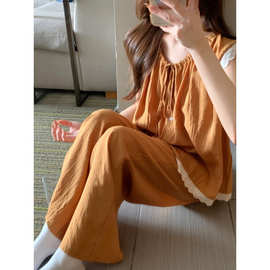 2025韩版甜美慵懒风宽松透气棉格纹短袖长裤夏季外穿家居服