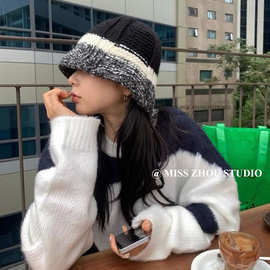 韩国小众渔夫帽子女秋冬复古混色拼接针织毛线水桶帽显脸小盆帽潮
