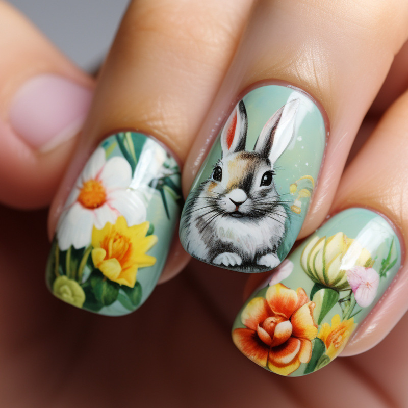 Easter Cute Bunny Green Short Square False Nail Nail Pieces Spring Flower Design Fashion Gorgeous Wear Nail