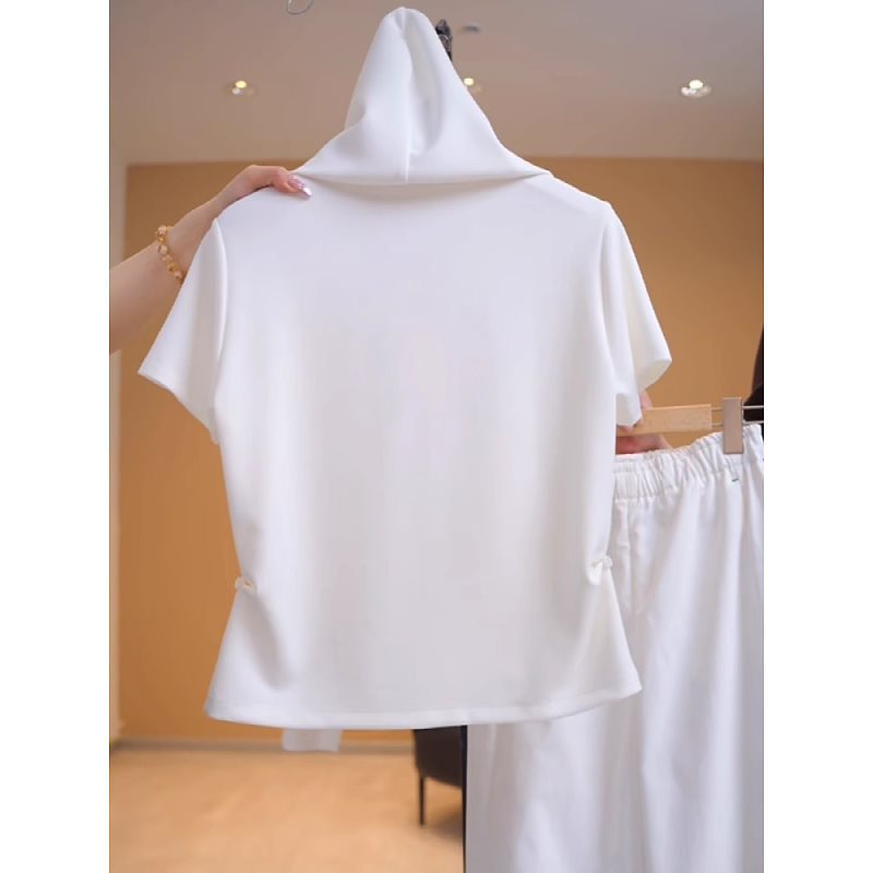 Lace white summer T-shirt with hood