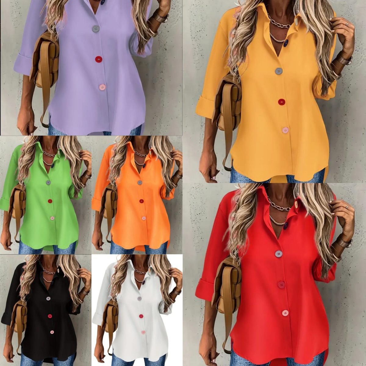 跨境欧美女装2025亚马逊独立站休闲女士纯色纽扣长袖衬衫上衣