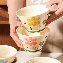 与辉同款小清新花朵陶瓷碗 釉下彩家用斗笠碗米饭碗 餐具套装圆形