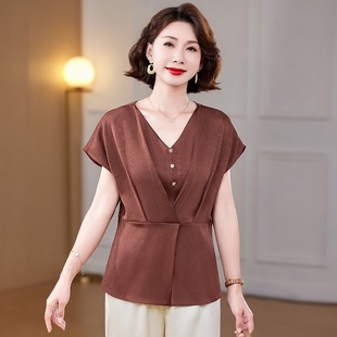 Mother's Summer Western Style V-neck Small Shirt New Style Middle-aged and Elderly Summer Short-sleeved Shirt Slim-fit Baita Slim-fit Top