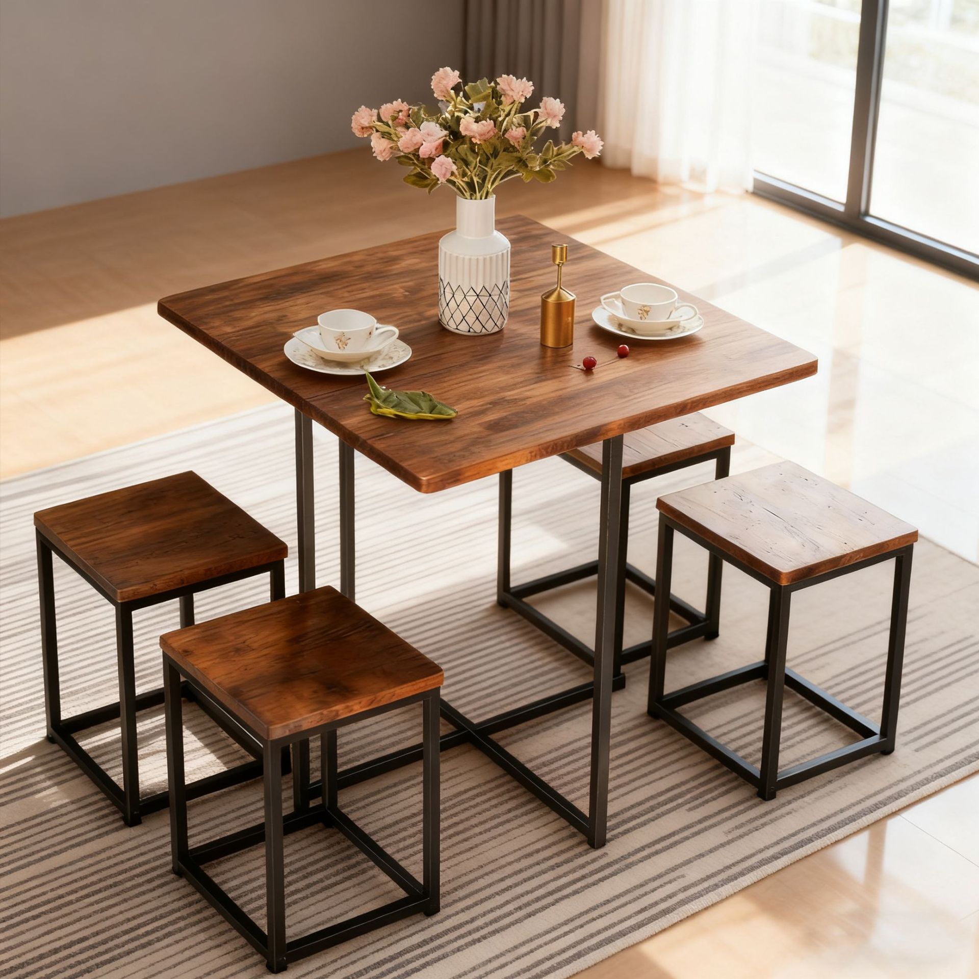 现代简约茶几客厅铁艺餐桌椅组合工业风小方桌音乐餐吧桌椅组合