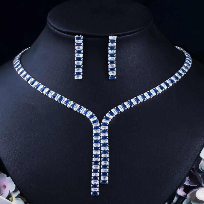 Bridal Wedding Dinner Dress Accessories Korean Style Simple Photography Performance Ladder Square Zircon Necklace Earrings Two-piece Set