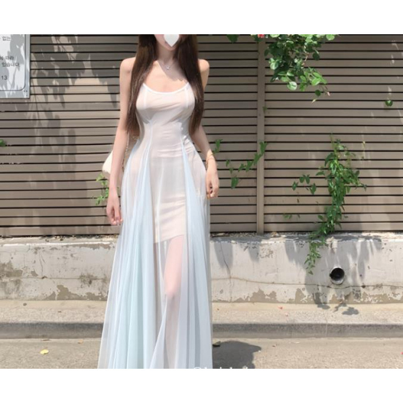薄荷绿网纱吊带连衣裙女内搭吊带裙有胸棉收腰显瘦裙仙女裙公主裙|undefined