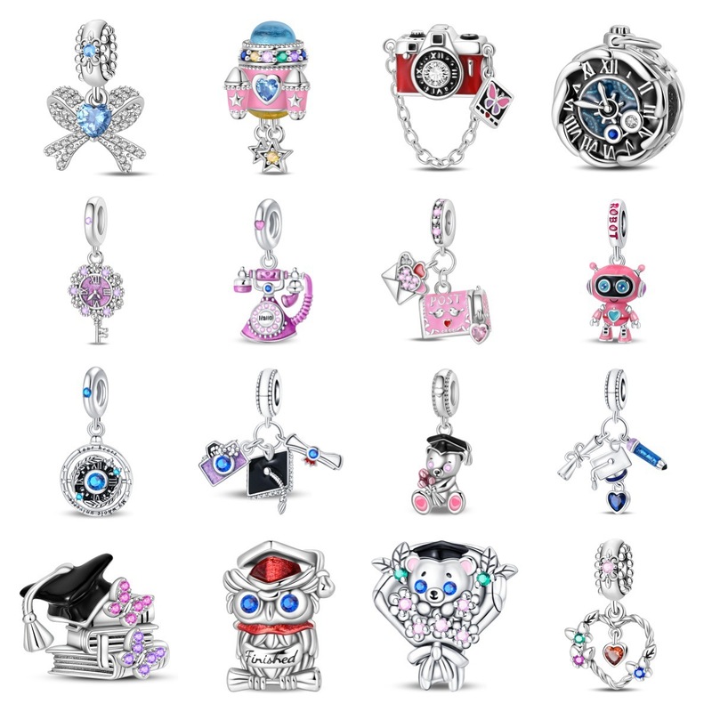 DIY Jewelry Accessories Bracelet Travel Camera Mailbox Graduation Heart-Shaped Pendant Beads Copper Silver-Plated Cross-Border Hot-Selling Items