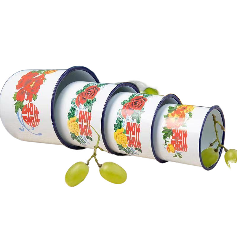 Taza de esmalte nostálgica clásica, taza de té de hierro con tapa, gran oficina, hotel, boda de doble felicidad pasada de moda, taza de agua con flores