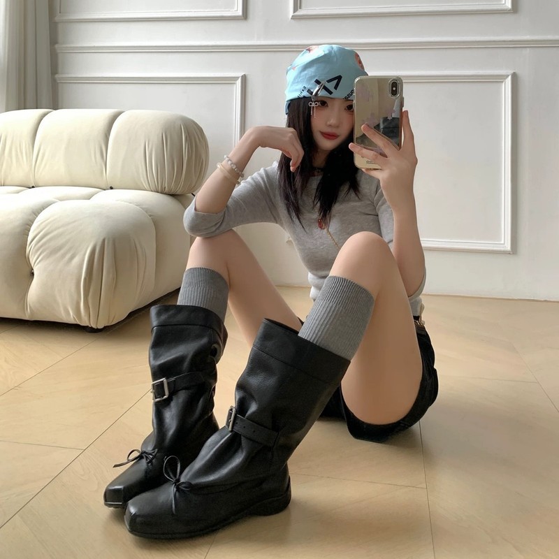 牛皮版~内增高西部牛仔靴女2025新款小个子褶皱堆堆靴粗跟骑士靴|undefined