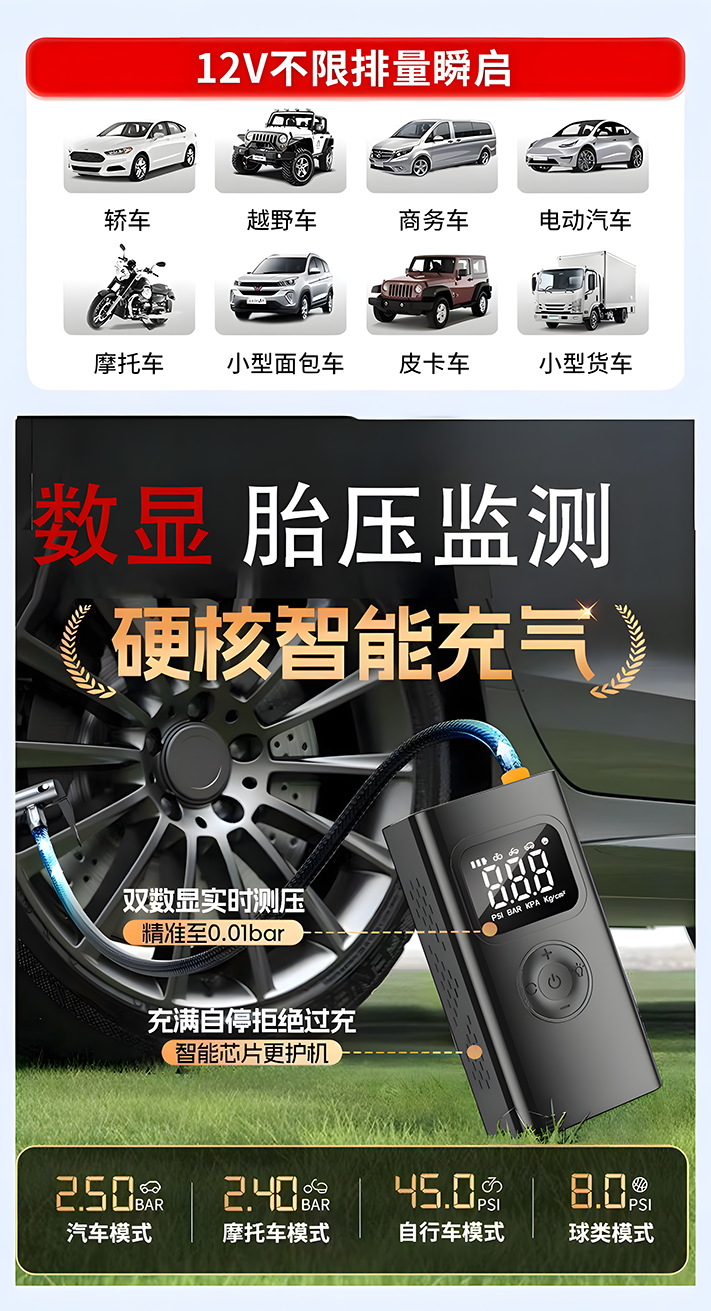 Cross-border car air pump, portable emergency power supply, digital display, multifunctional wireless air pump with power bank.