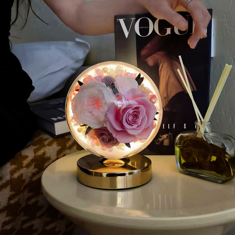 Regalo del día de San Valentín Rose protección para los ojos lámpara de mesa flor eterna decoración de flores secas Regalo de Cumpleaños flores en flor como brocado flor eterna