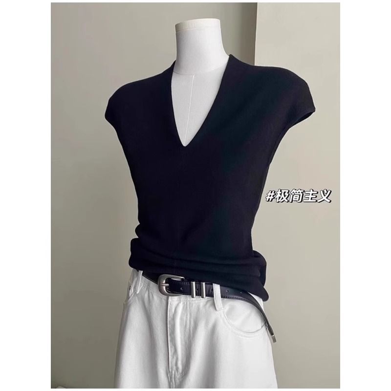 フレンチスモールフライングスリーブVネックニット半袖Tシャツレディース夏気質スリムショルダー薄いアイスシルクベストトップ|undefined
