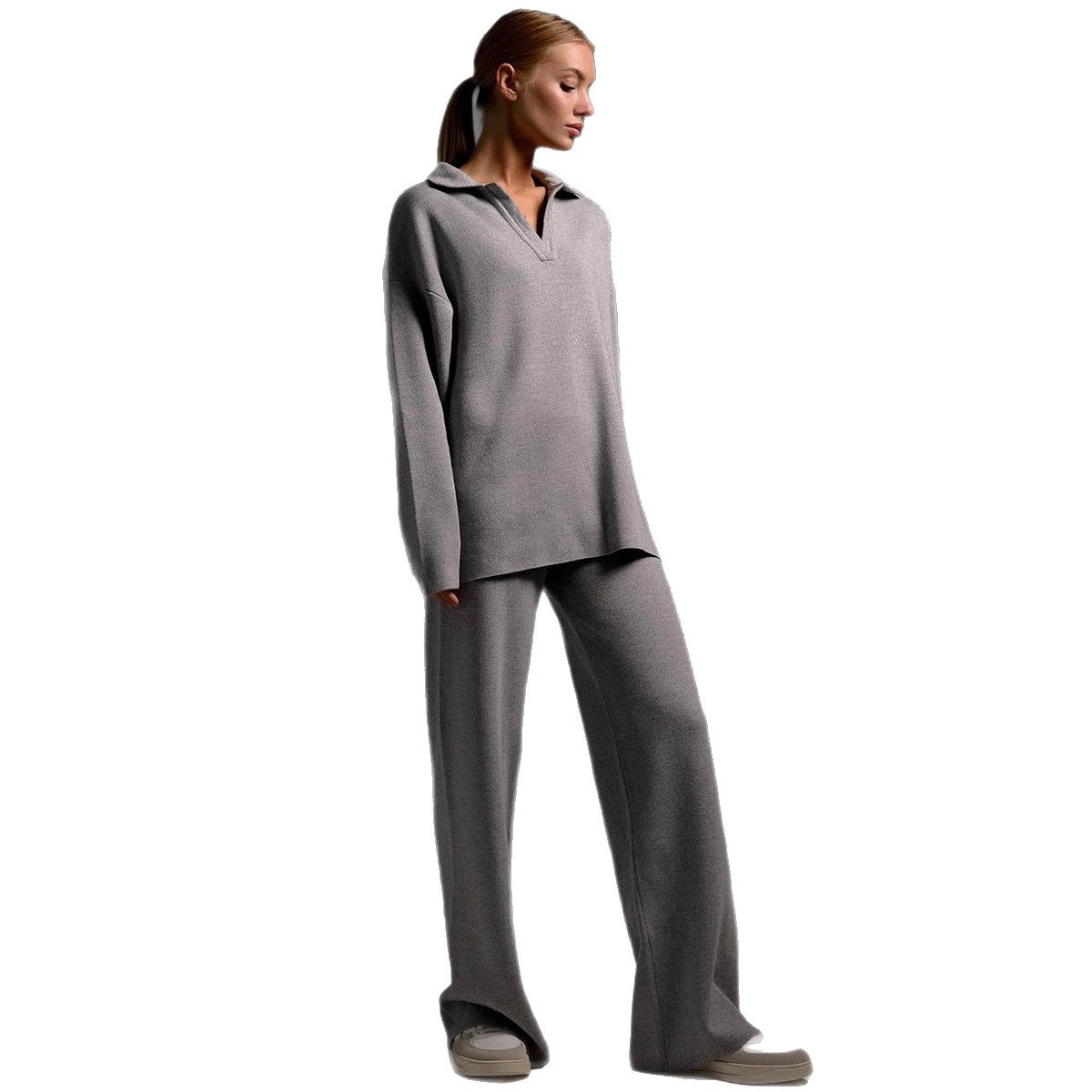 Damen Zweiteiler Set Mit Polo-kragen Pullover Und Hose Modisch_voghion.com