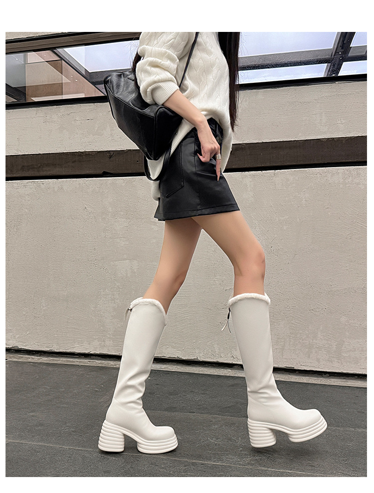Boot nữ cổ cao gót 10 cm đế dày phong cách hiệp sĩ, miệng chữ V, lót len mùa đông — màu đen, màu hồng, Màu trắng nhạt chi tiết 25