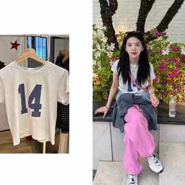 BM风 美式复古章若楠同款做旧水泥白14字母短袖女辣妹高腰T恤上衣