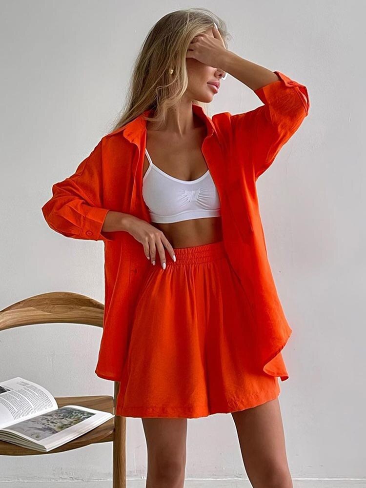 Women's Casual Solid Colour Long Sleeve Loose Sports Shorts Set_voghion.com