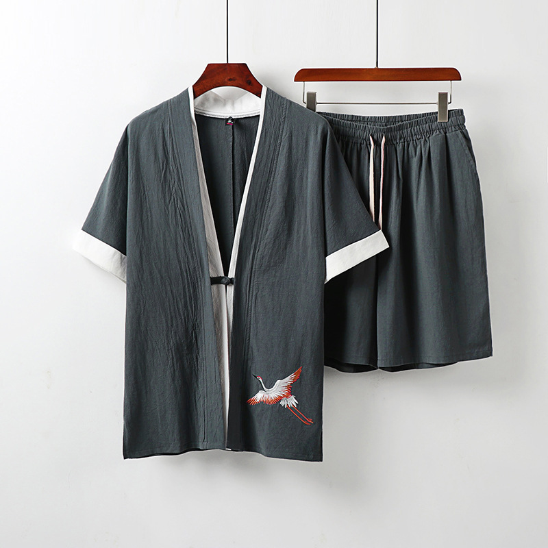 夏中国風大きいサイズ紳士服リネンレトロ綿とリネンメンズ半袖 Tシャツカジュアルスーツメンズ夏半袖|undefined
