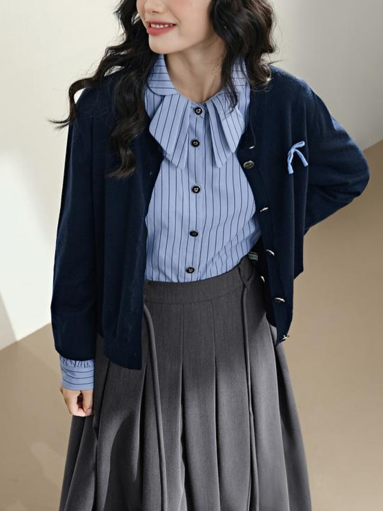 阔色法式蓝色条纹长袖衬衫女2025秋季新款学院风穿搭衬衣上衣春|undefined
