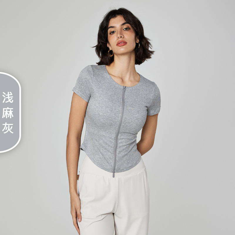 モーダル裸感修身スポーツtシャツ女性丸首ファスナーヨガ服カジュアル小蛮腰フィットネス半袖夏|undefined