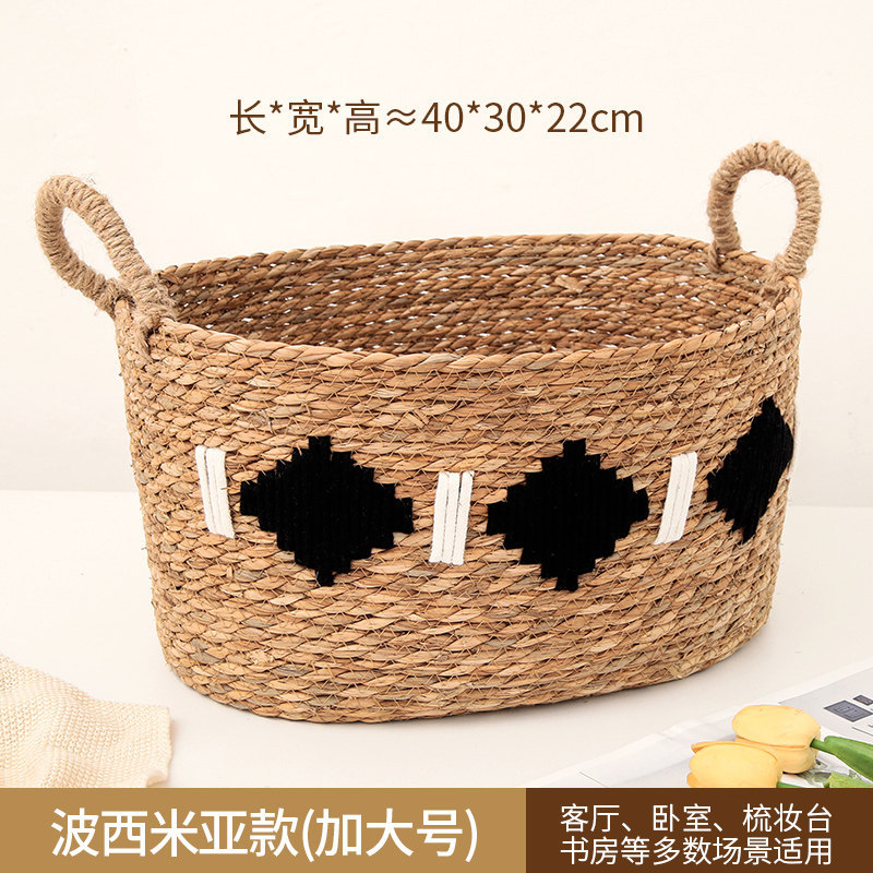Cesta de almacenamiento doméstica tela de paja cesta de almacenamiento portátil estilo pastoral residencial artesanal tela de caña snack juguetes cesto de almacenamiento