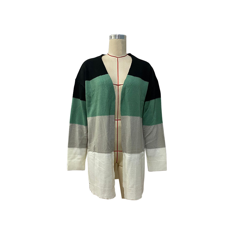 Cardigan maglione a maniche lunghe a blocchi di colore a righe_voghion.com