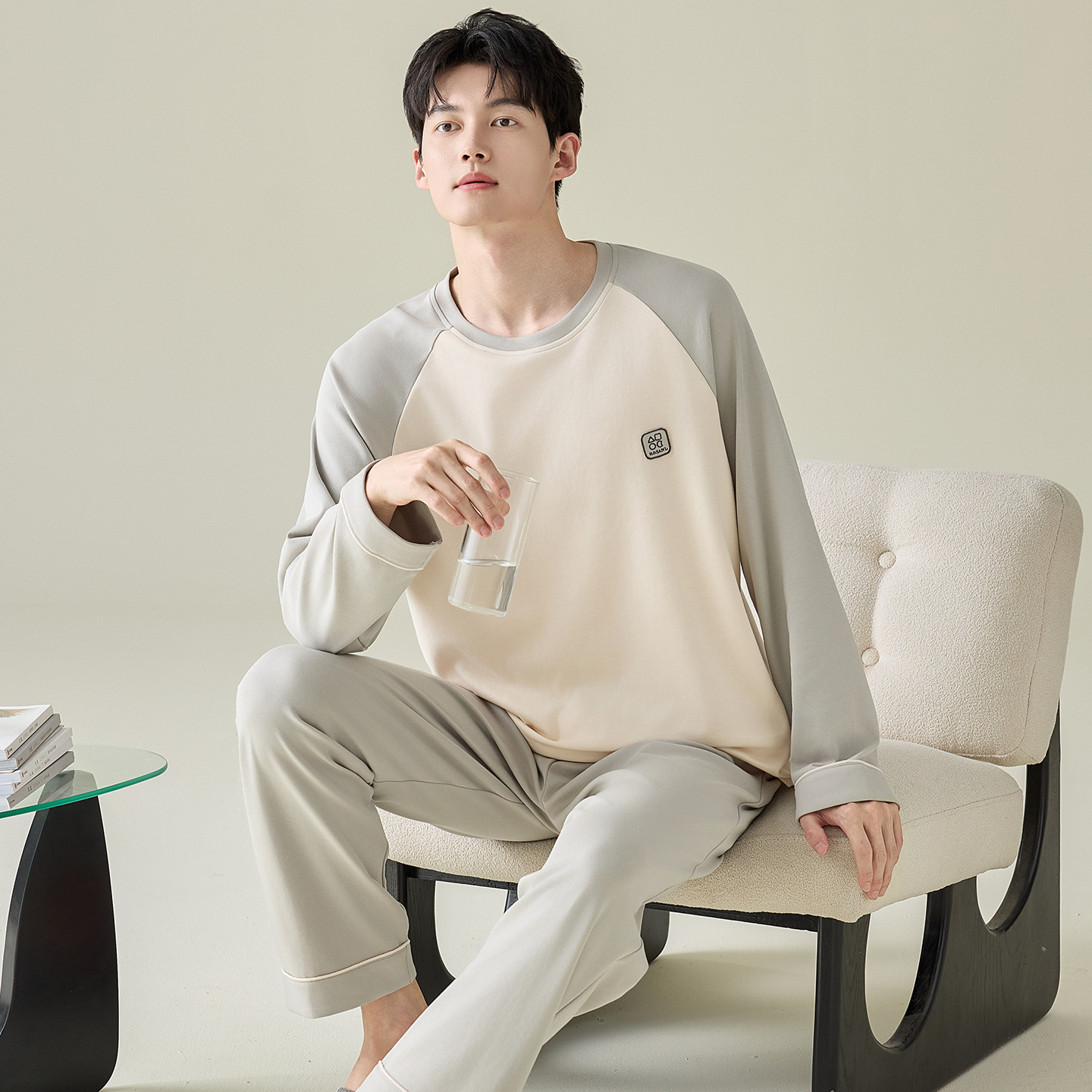 100% Cotton Spring and Autum Long-Sleeved Pajamas for Men, Round Neck, High-End New Style, Plus Size, Can Be Worn Outside, Two-Piece Set